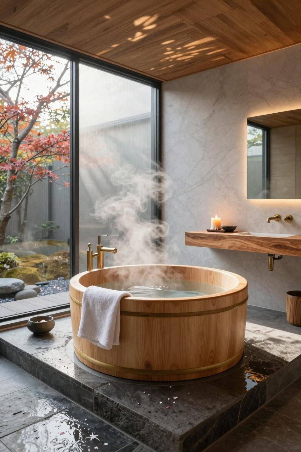 Spa home bathroom with plants and natural materials