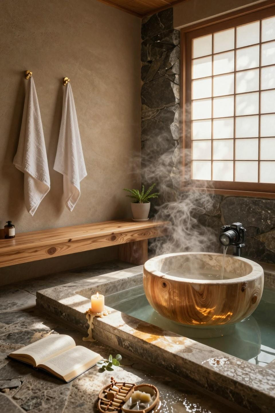 Spa home bathroom with cypress tub and golden light