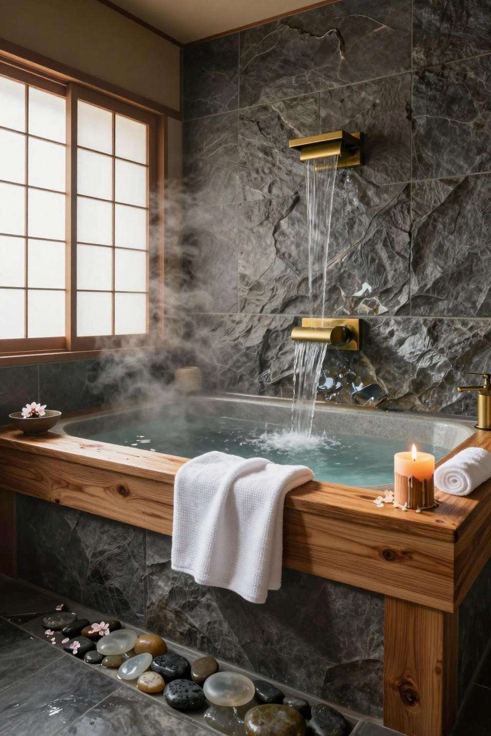 Spa home bathroom with stone waterfall feature
