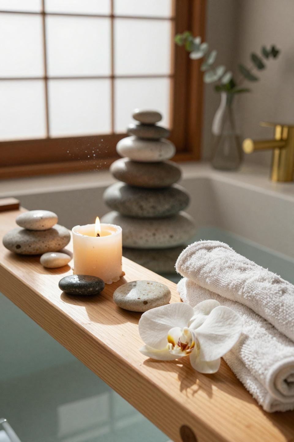 Spa home bathroom detail with wooden tray and candles