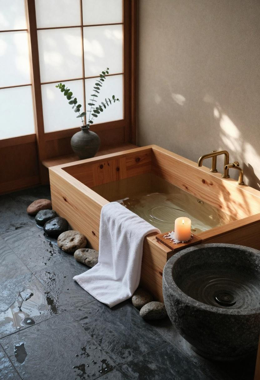 Spa home bathroom with slate floors and wood soaking tub