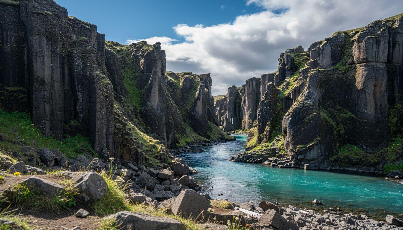 Iceland's turquoise river cuts through black basalt but turns gray by August