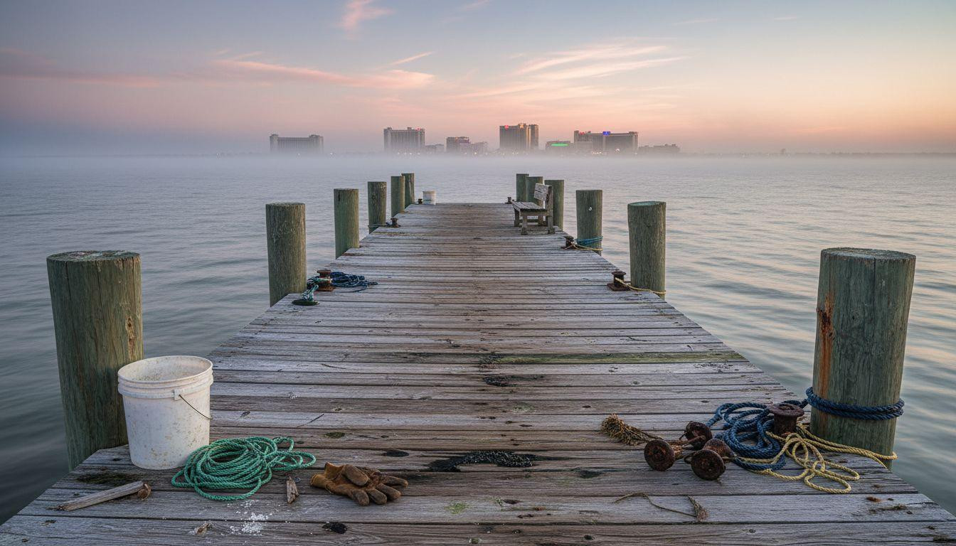 This Mississippi wharf stays empty while Biloxi glows 2 miles west