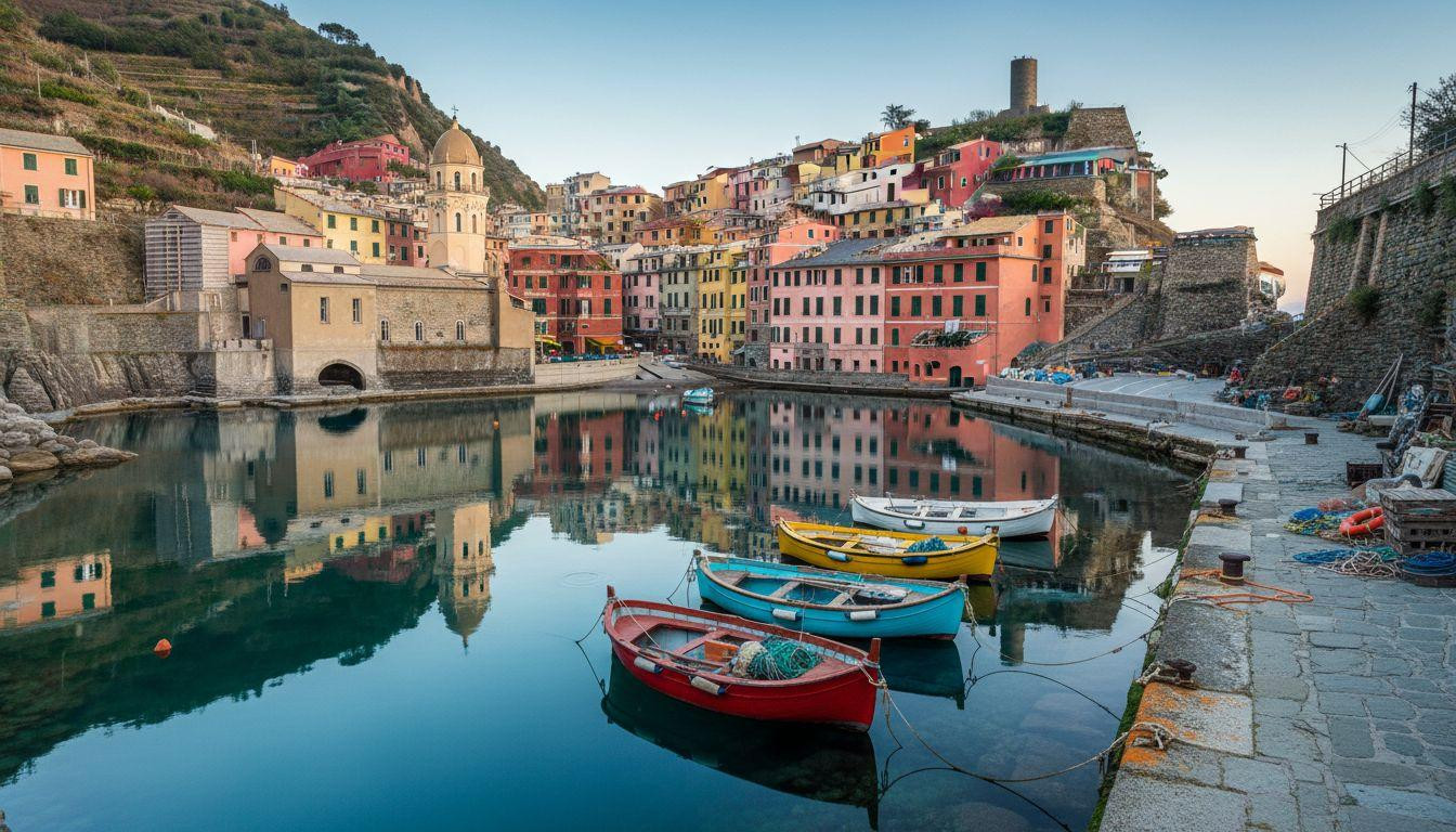 This Italian harbor doubles pastel houses in glass water at 6:30am