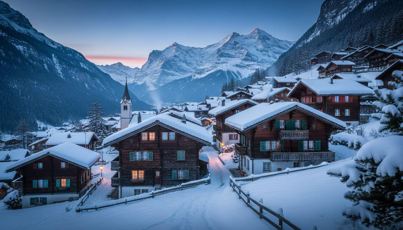 This Alpine village lights gas lamps at dusk and snow doubles the glow