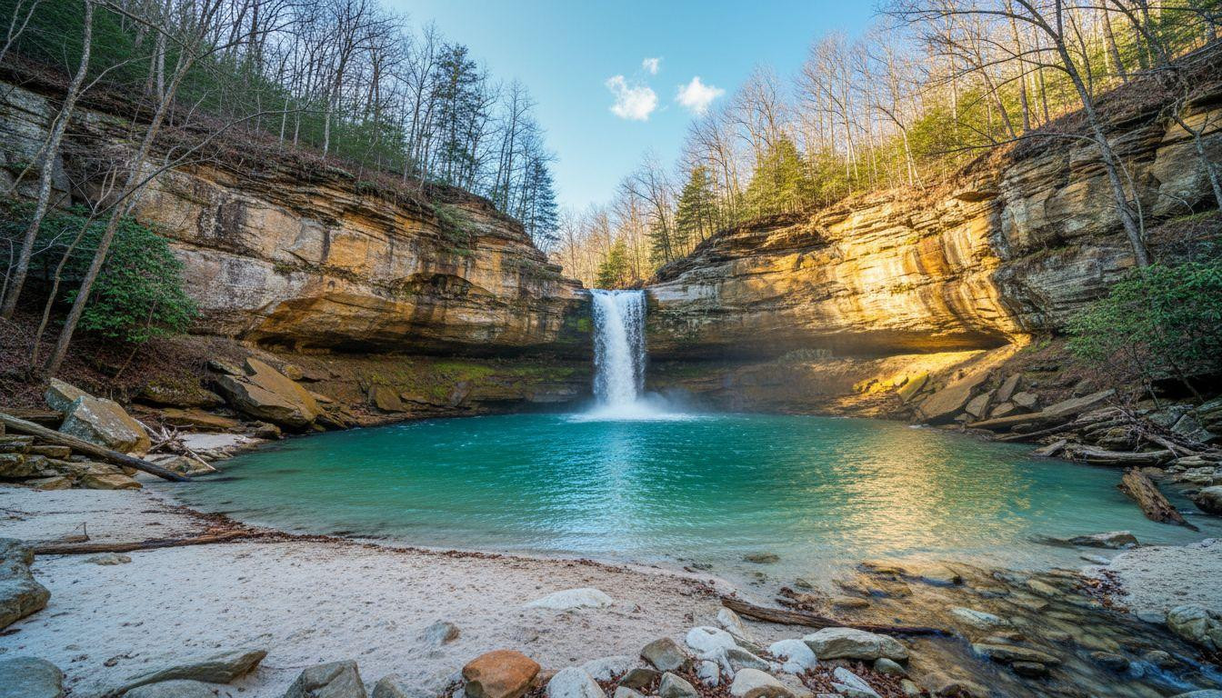 This Kentucky waterfall drops 30 feet into a turquoise pool with a sandy beach