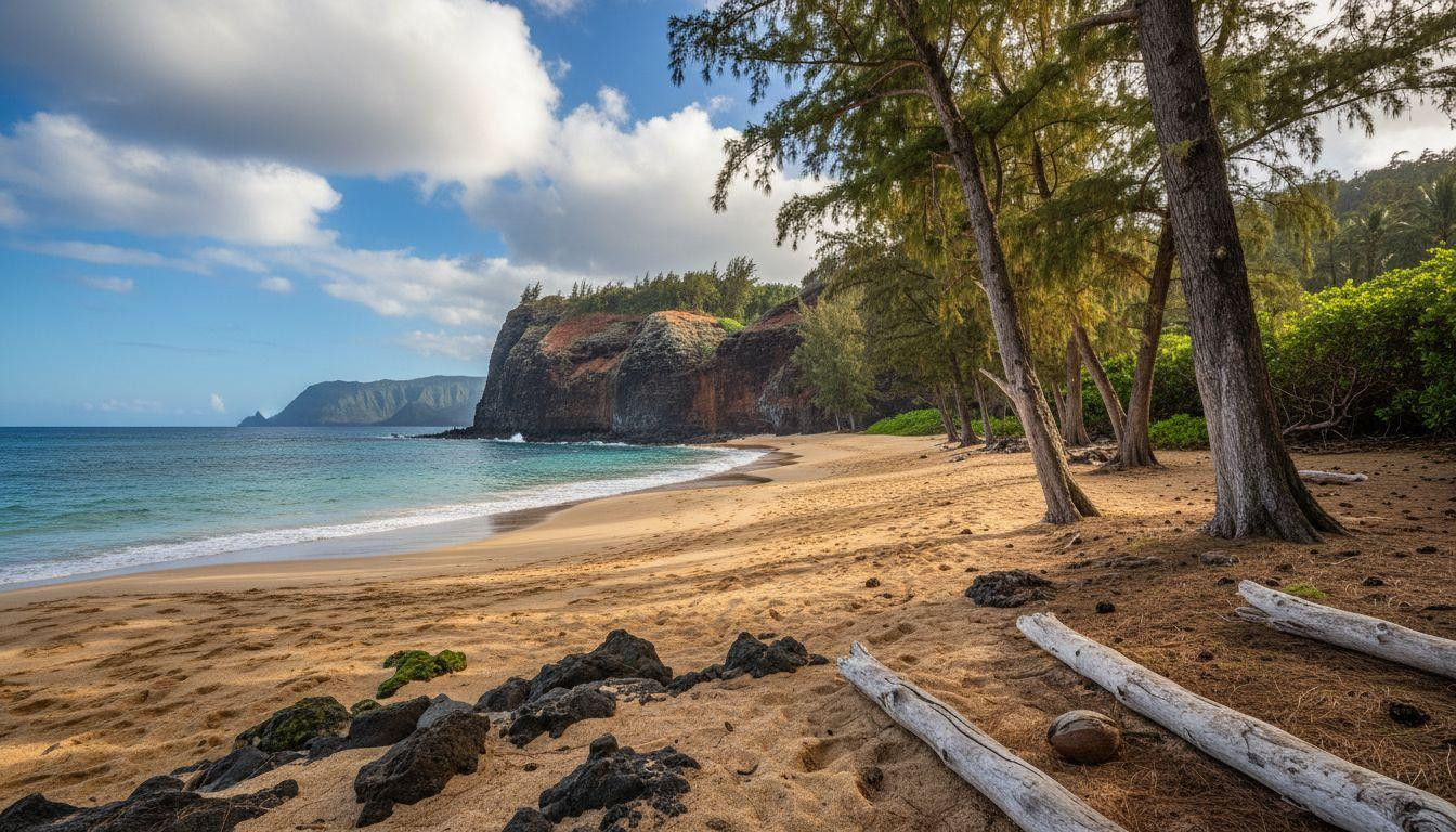 Better than Hanalei where parking fills by 9am and Donkey Beach keeps tree-tunnel silence for free