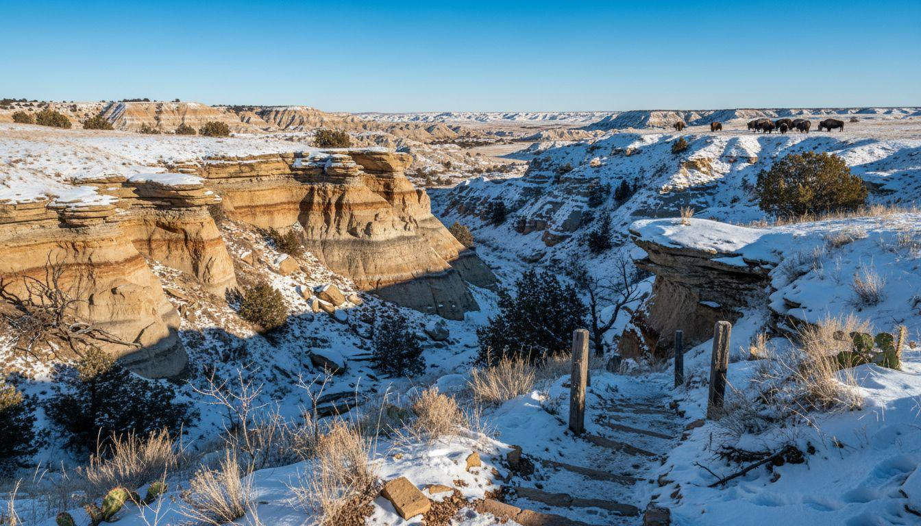 This North Dakota coulee hides golden badlands under snow where 5 hikers walk daily