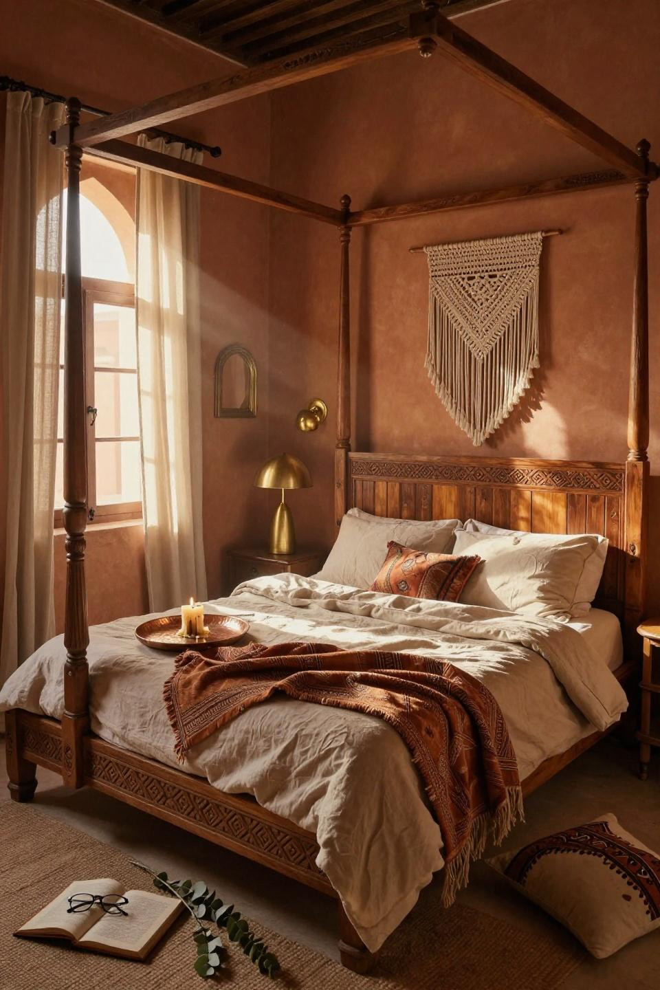Afro Boho Bedroom - mahogany four-poster with Belgian linen