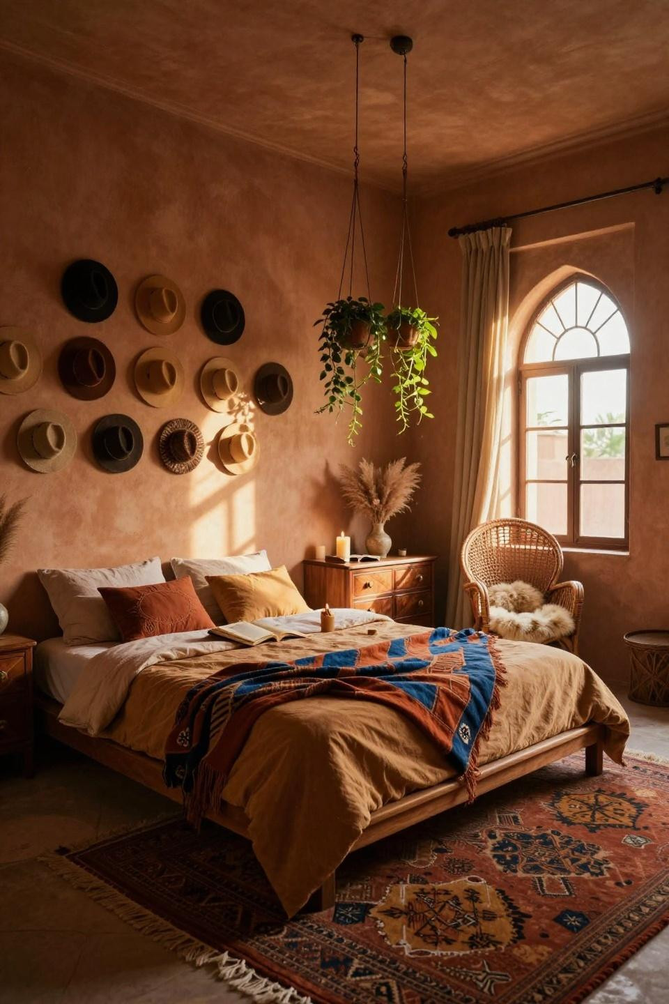Afro Boho Bedroom - Moroccan arches with mudcloth throw