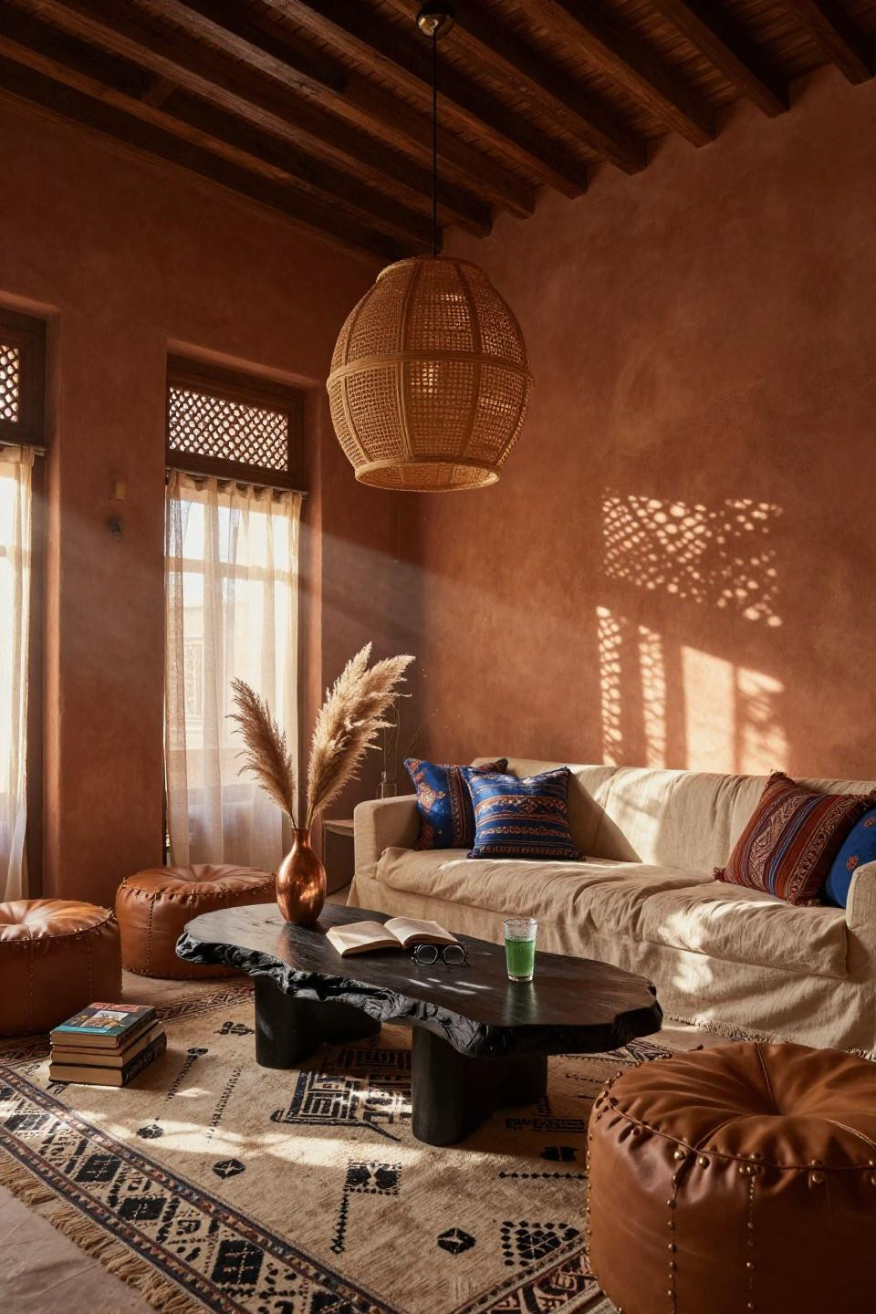African Boho Living Room - carved screens casting shadows on ivory rug