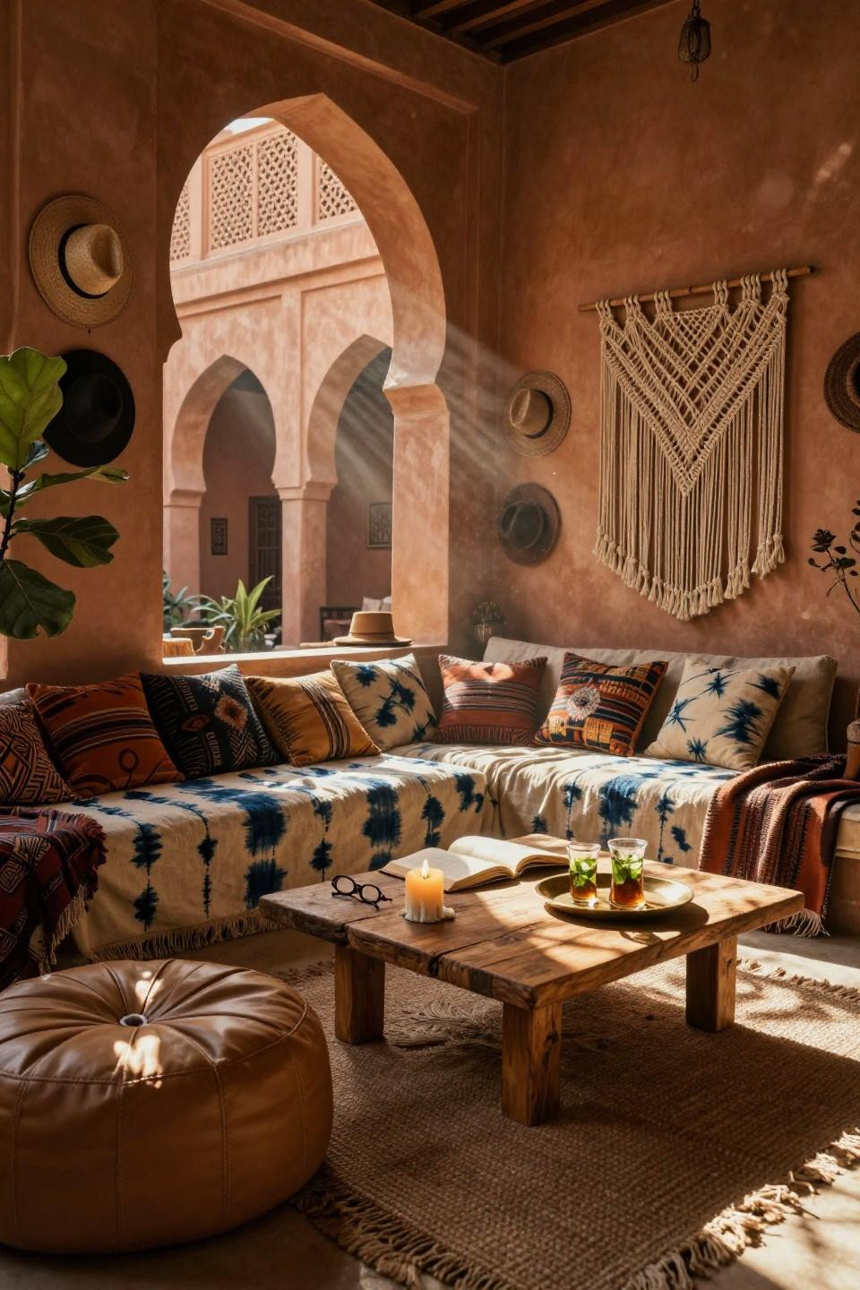 African Boho Living Room - Bamileke juju hats on terracotta walls