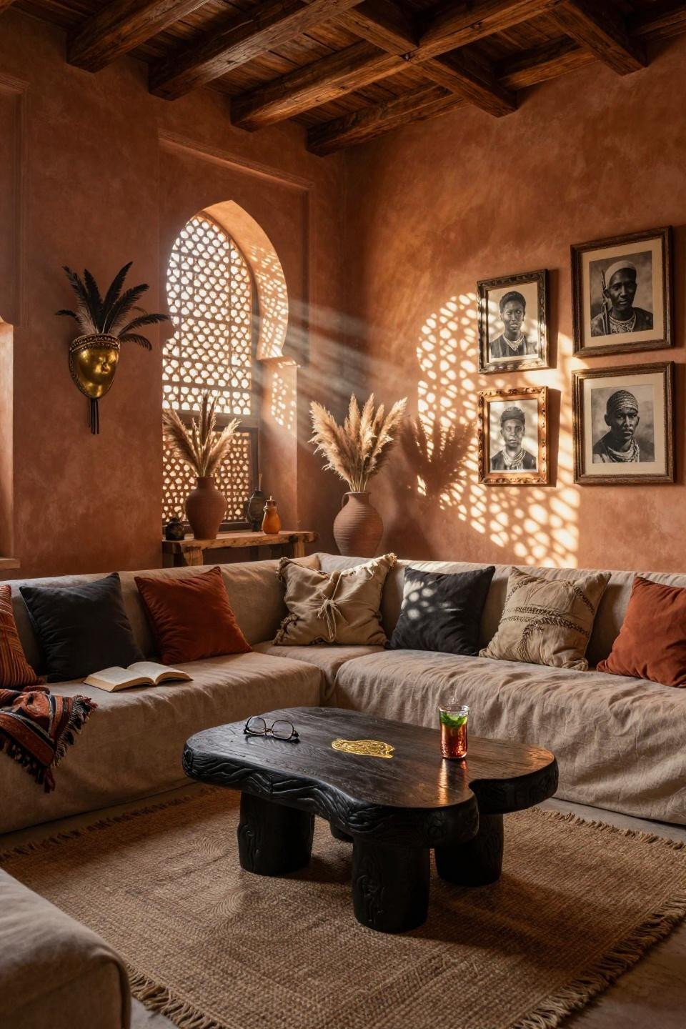 Afrocentric Decor - geometric light patterns through carved screens
