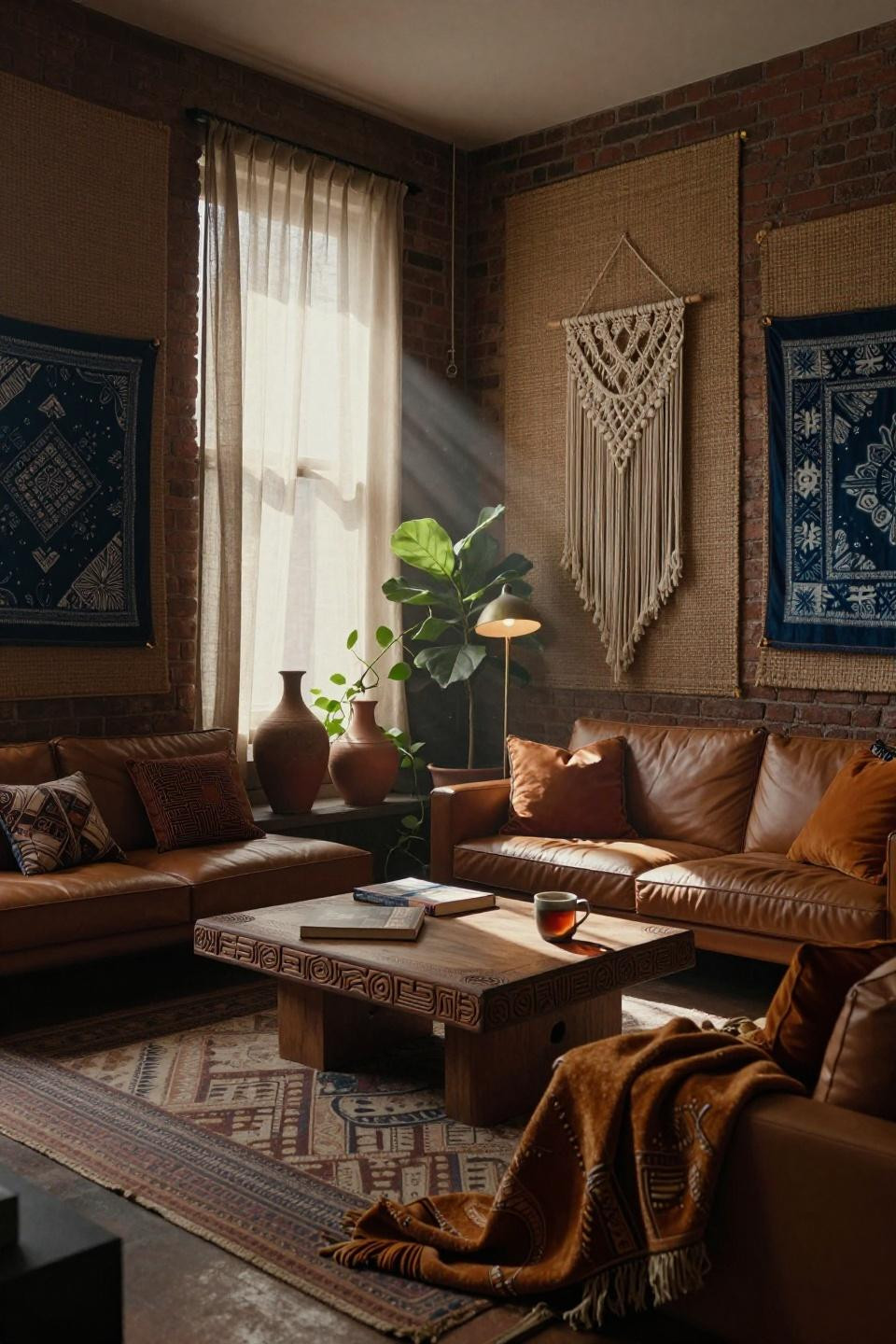 Earthy Boho Living Room - terracotta walls with mudcloth textiles