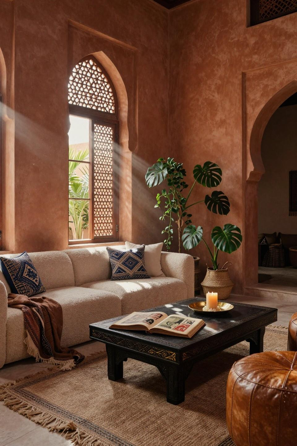 Afrobohemian Home Decor - curved oatmeal boucle sofa in riad