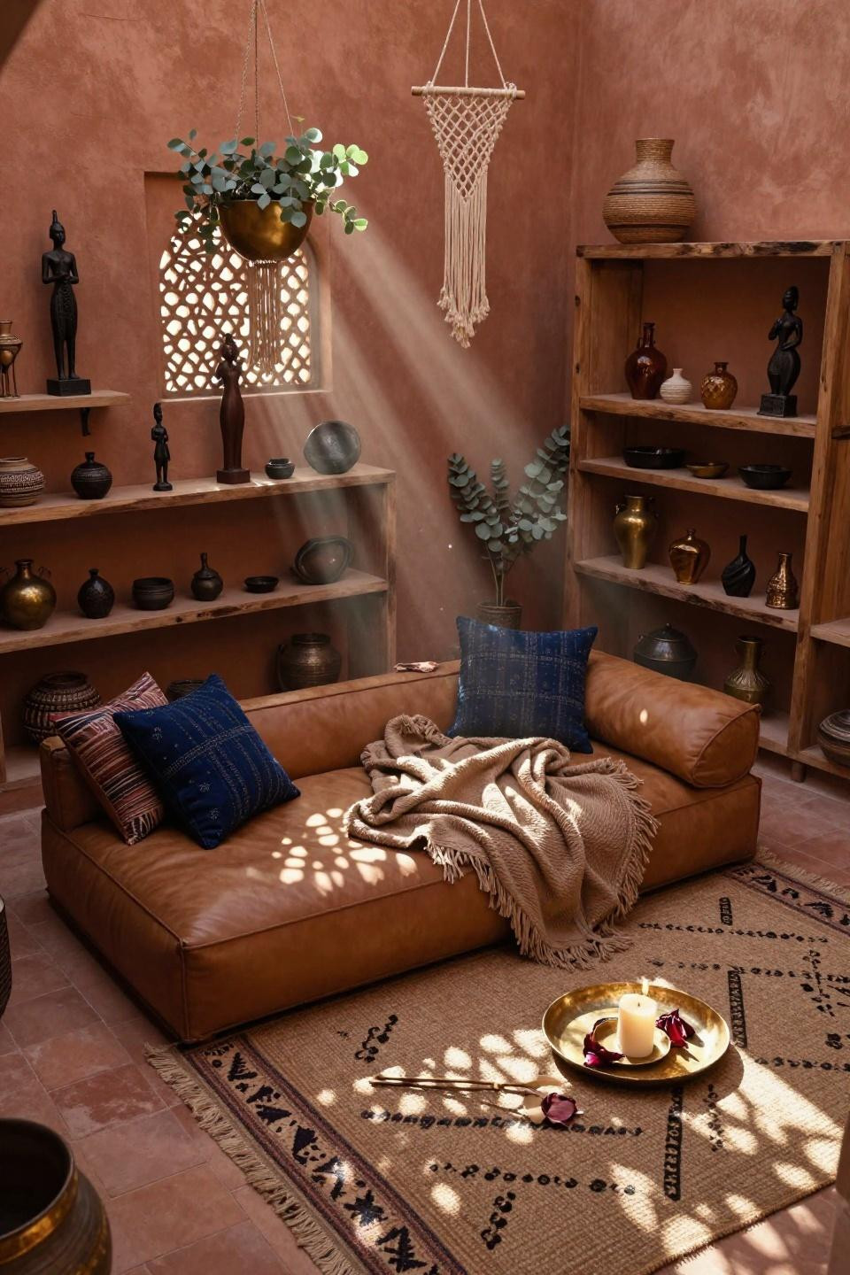 Afrocentric Decor - geometric shadows on terracotta tiles