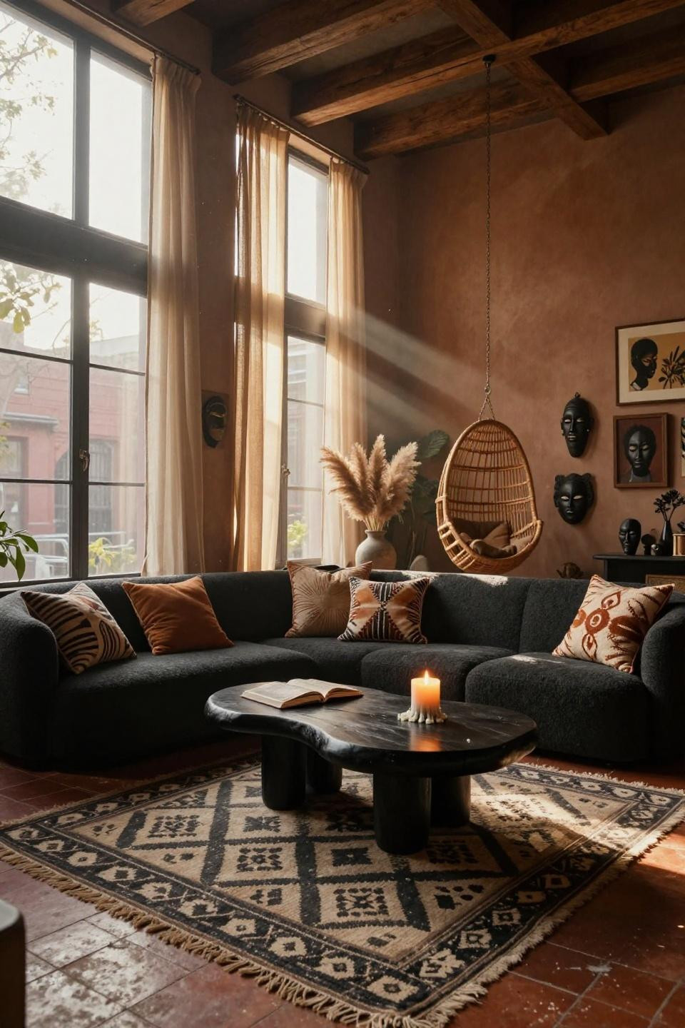 Afro Modern Decor - African masks and contemporary Black art leaning against wall