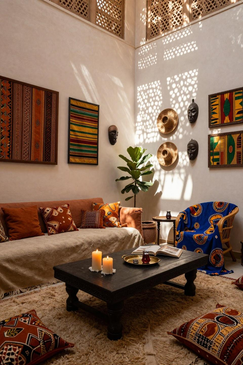 Afrocentric Living Room - ebony table with candles and textiles book