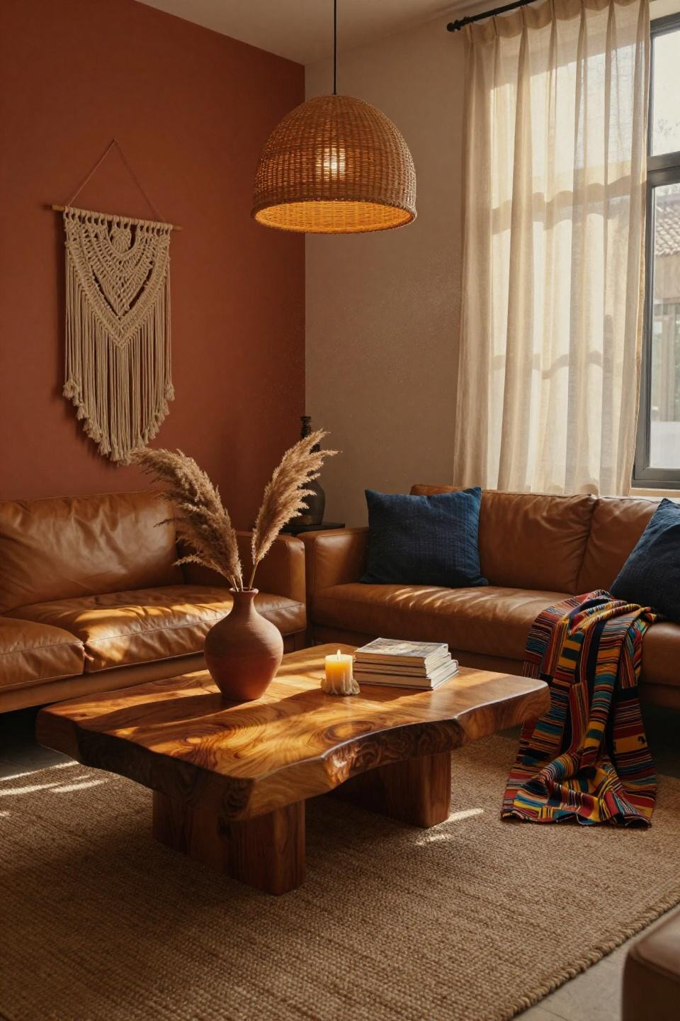 Earthy Boho Living Room - kente throw on cognac leather sofa