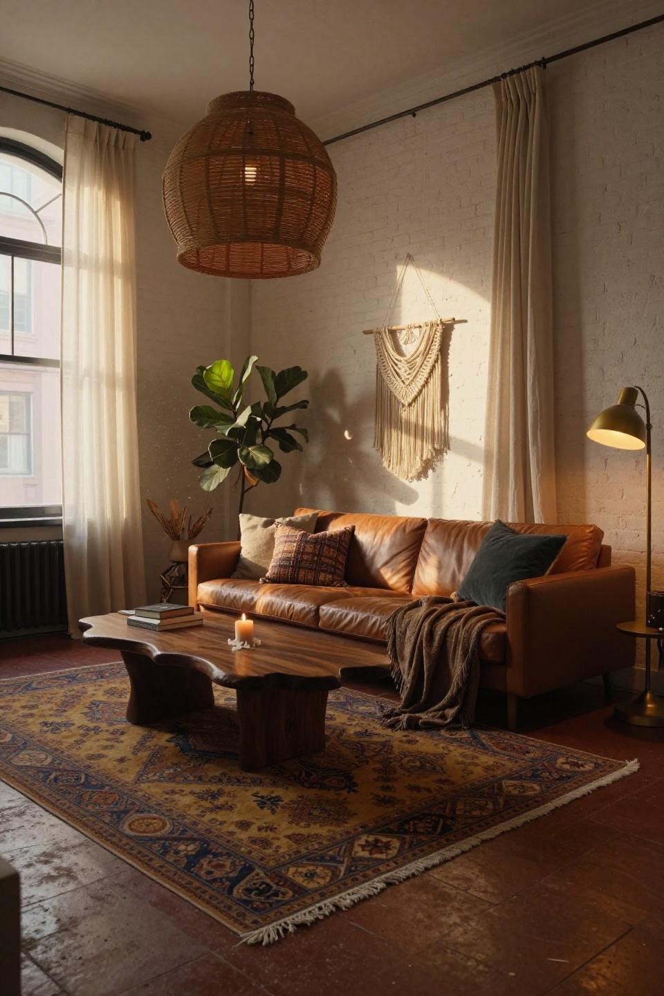 Afrobohemian Home Decor - oversized rattan pendant casting geometric shadows