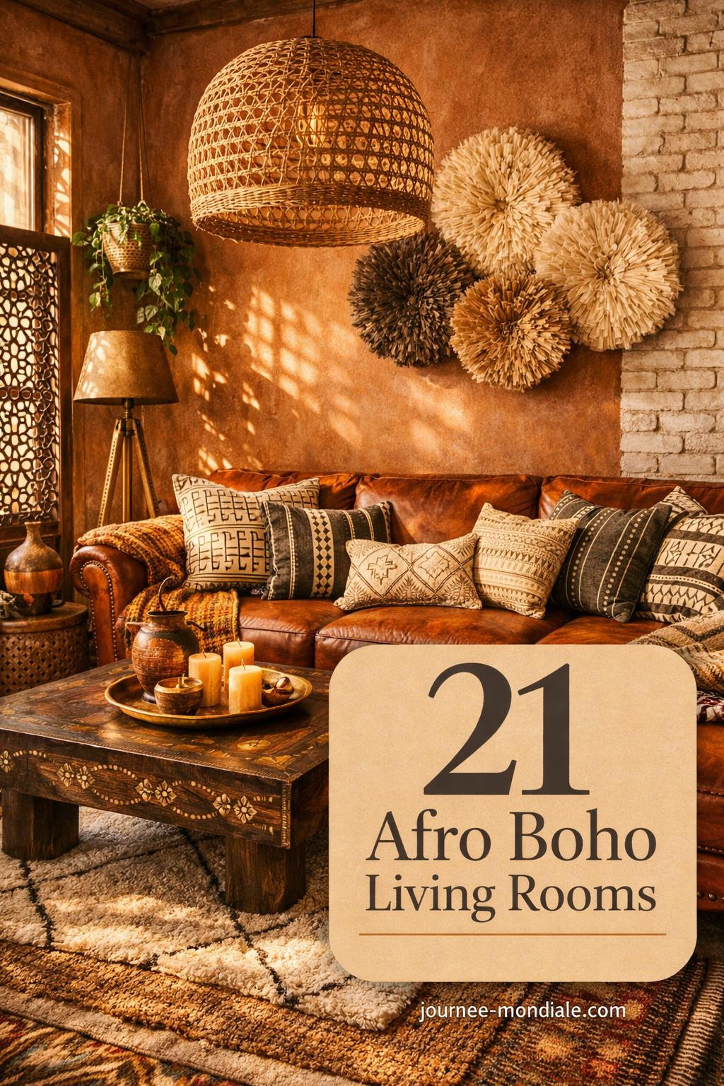 Warm Afro Boho living room featuring cognac leather sectional, mudcloth pillows, hand-carved ebony coffee table, terracotta walls, rattan pendant light, and juju hat decor