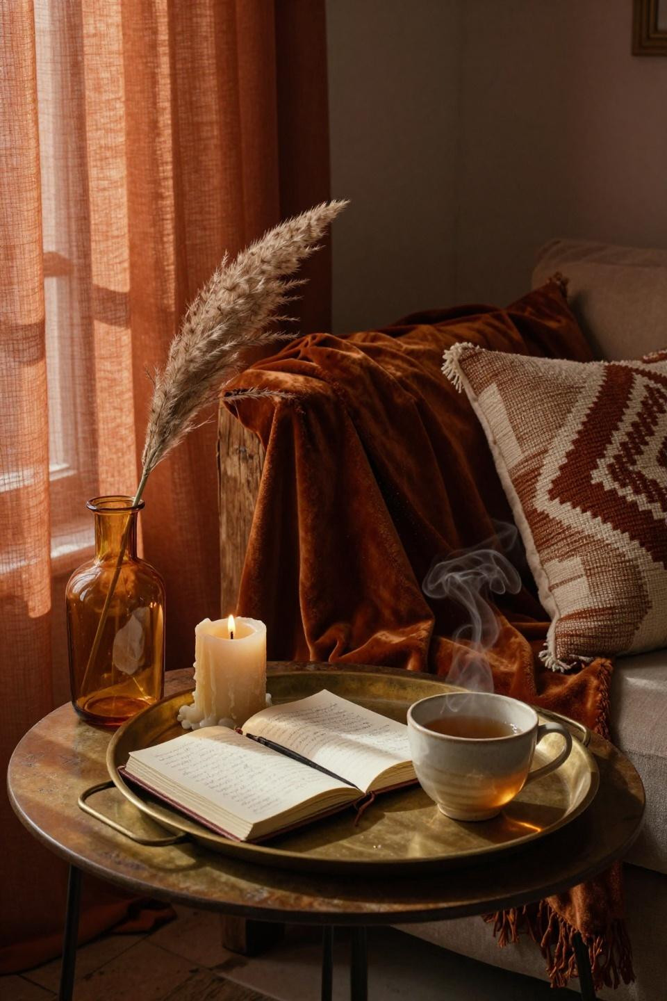 Black Boho Decor - brass tray with beeswax candle and open journal