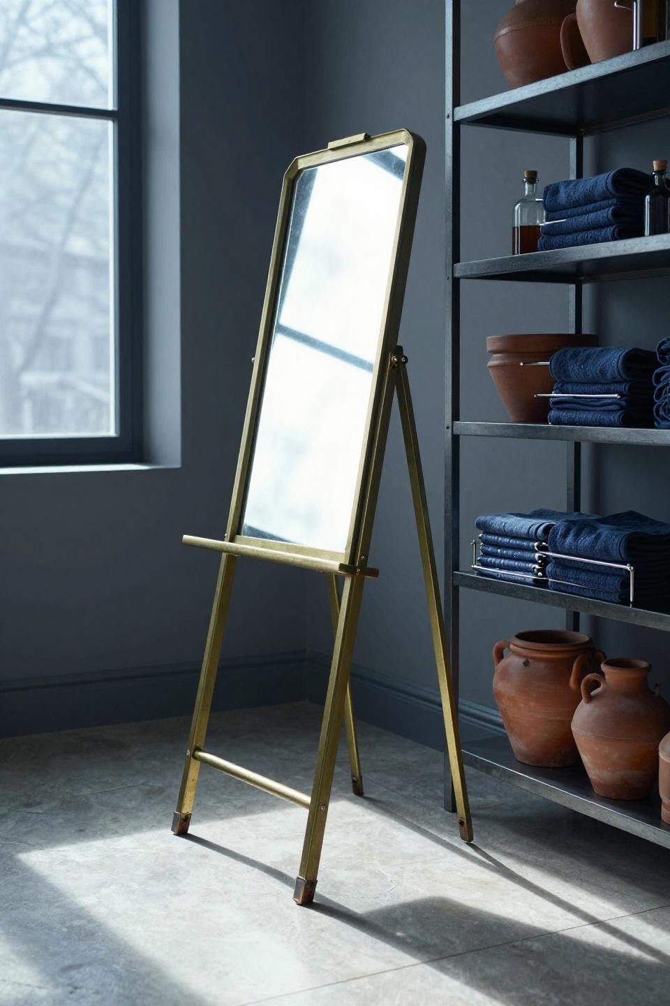 Small Apartment Bathroom Ideas - freestanding brass easel mirror with charcoal shelving