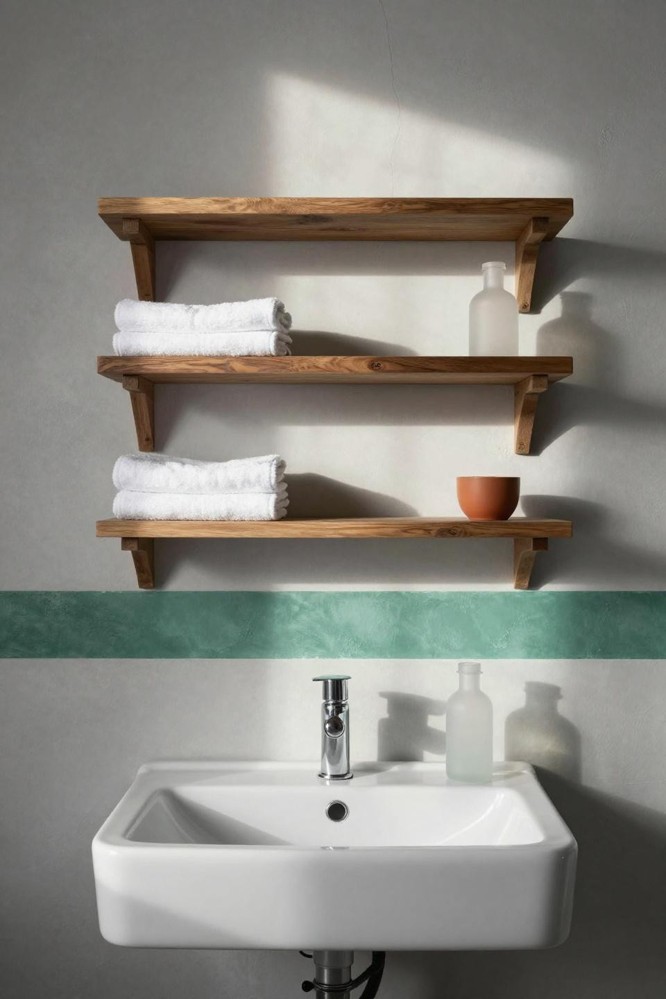 Cute Bathroom Decor Ideas - bleached ash floating shelves with emerald stripe