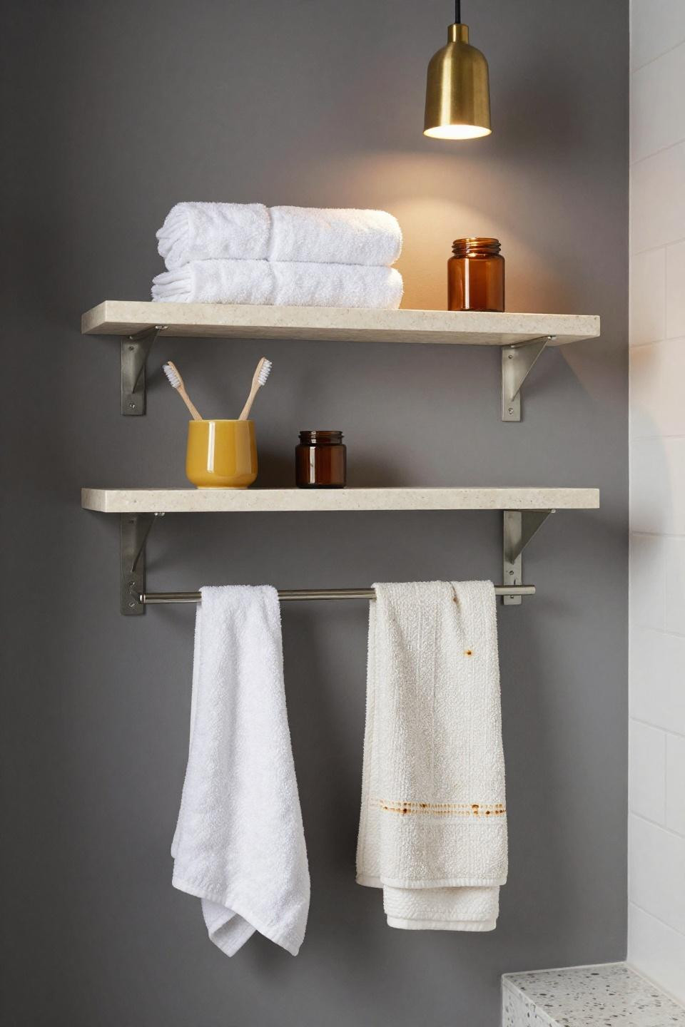 Aesthetic Bathroom - travertine floating shelves with brass pendant