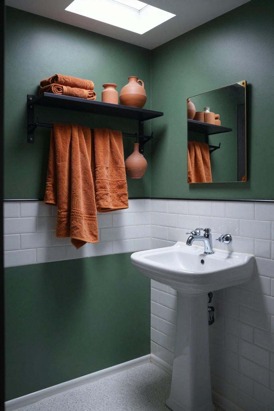 Small Apartment Bathroom Ideas - industrial black metal shelf with forest green walls