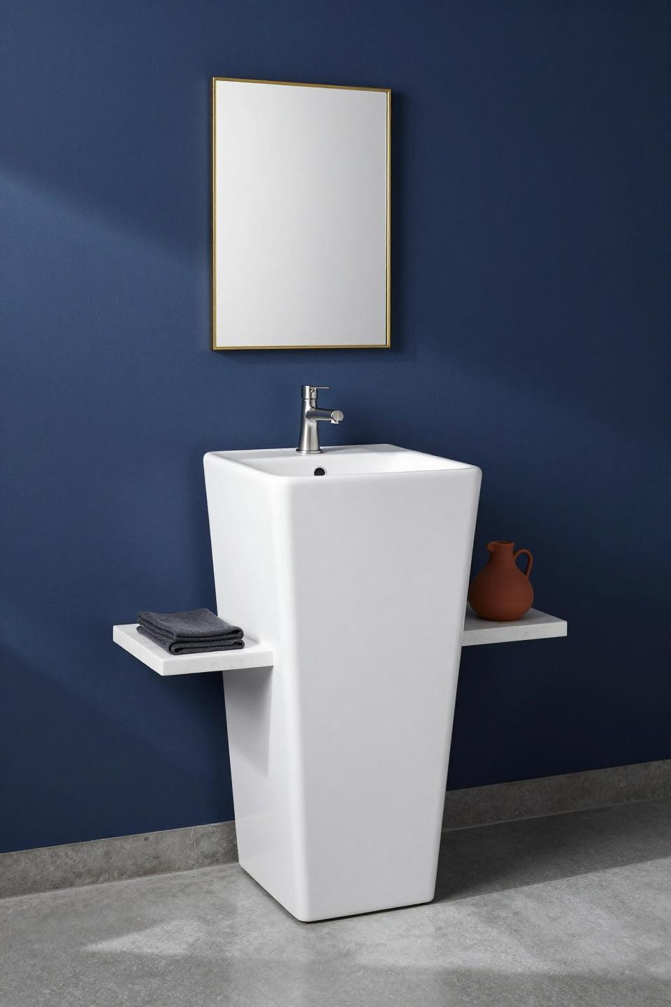 Apartment Bathroom Aesthetic - white pedestal sink against navy painted wall