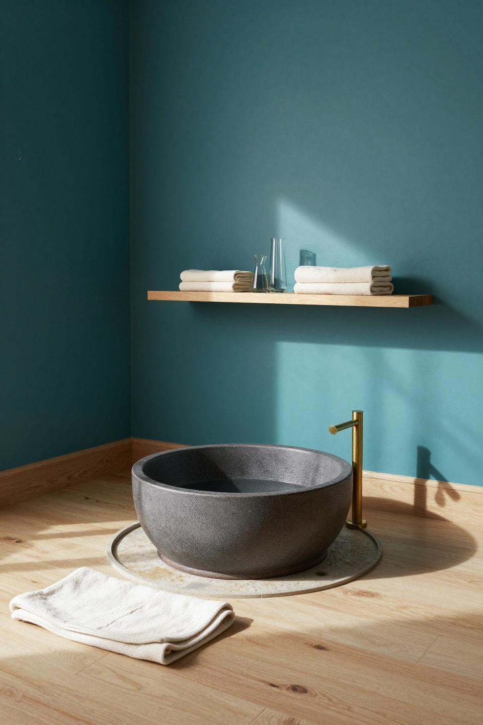 Cute Bathroom Decor Ideas - charcoal ceramic soaking tub with teal accent wall