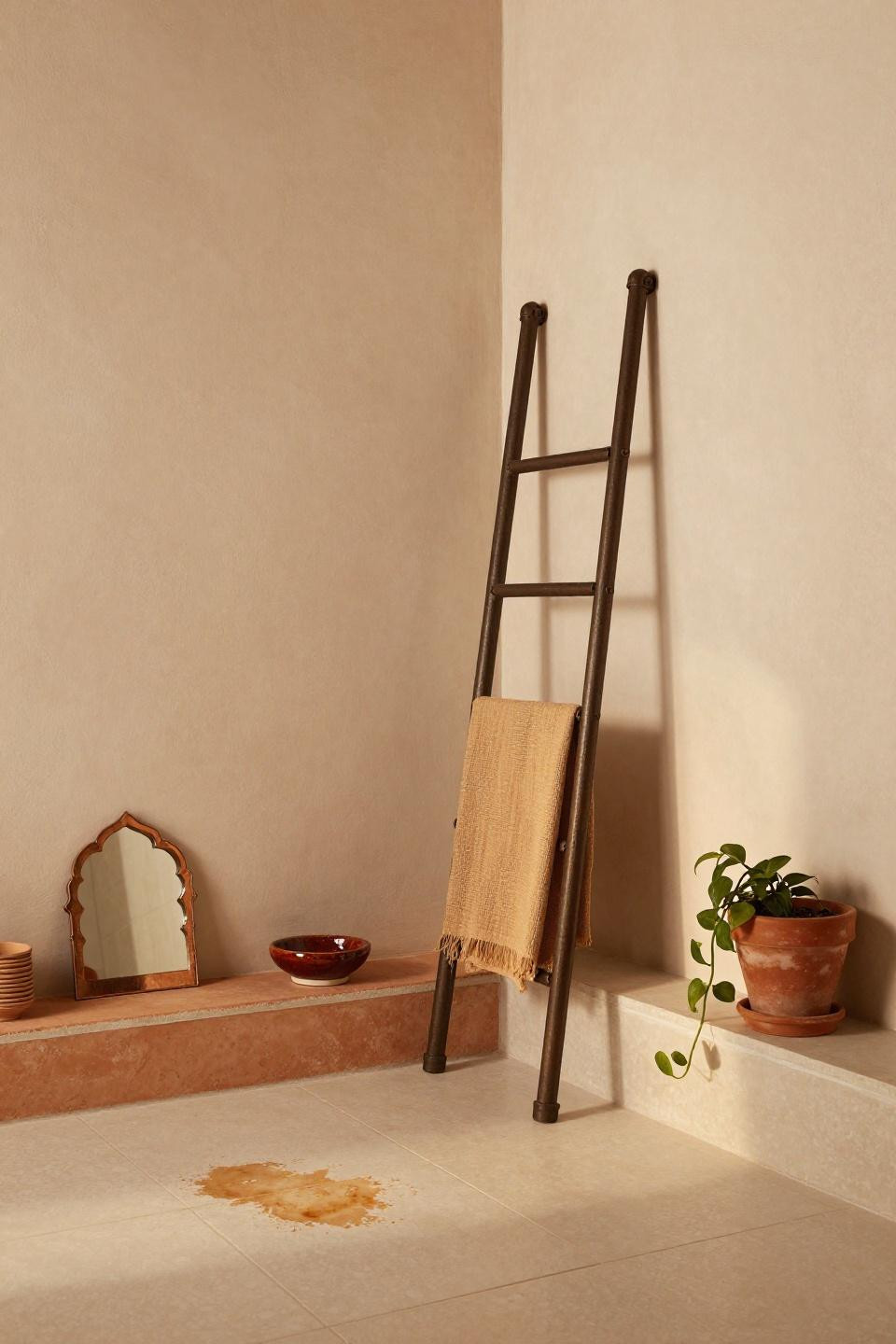 Cozy Bathroom - Mediterranean terracotta plaster with wrought iron ladder