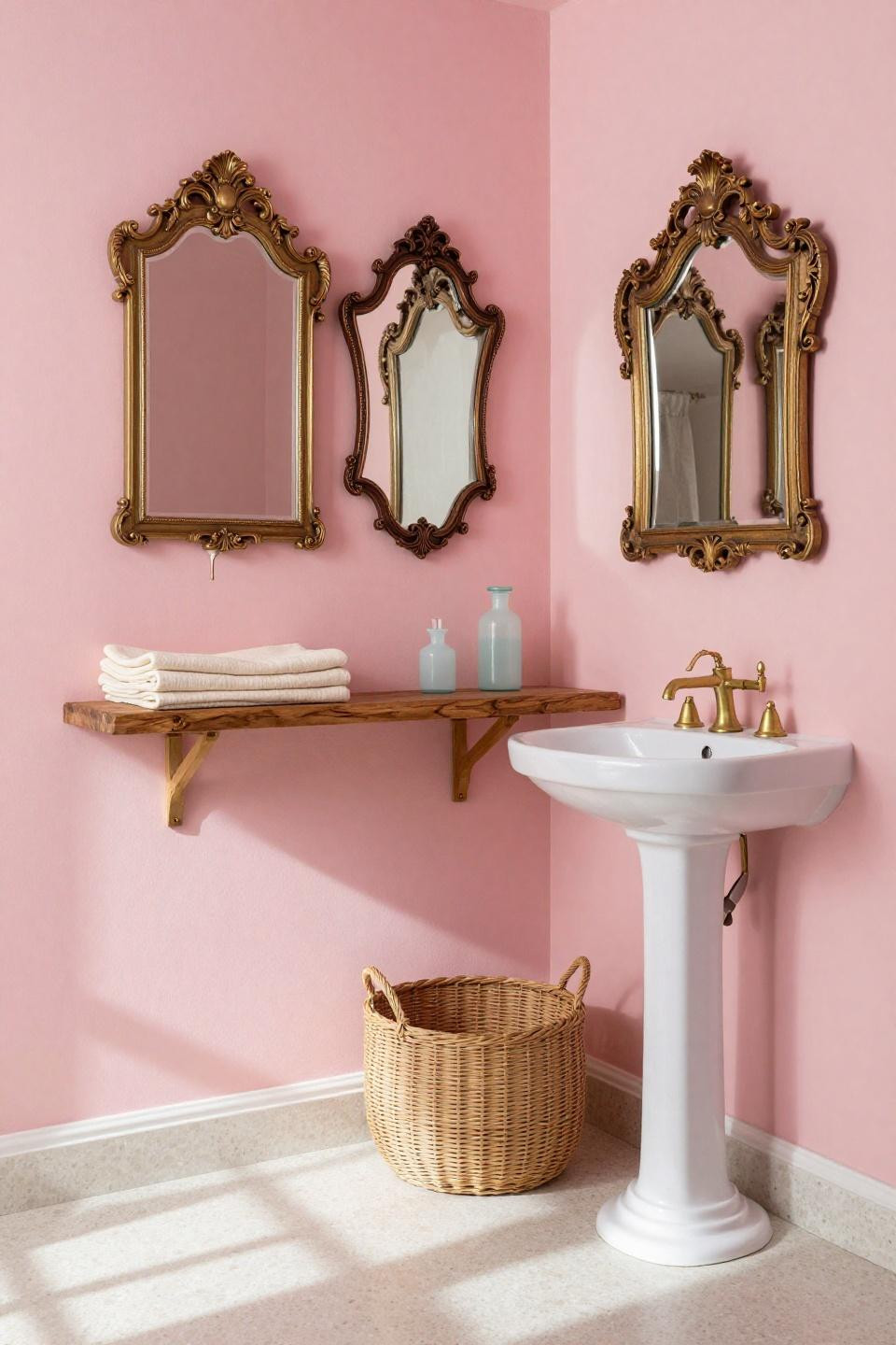 Aesthetic Bathroom - layered vintage mirrors on blush pink wall