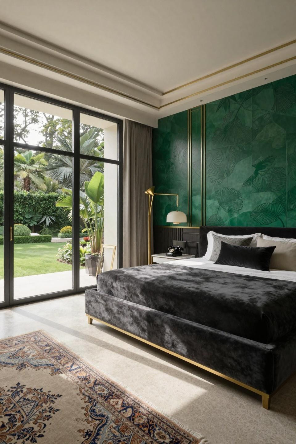 Rich Bedroom Luxury Modern - lacquered emerald accent wall charcoal velvet