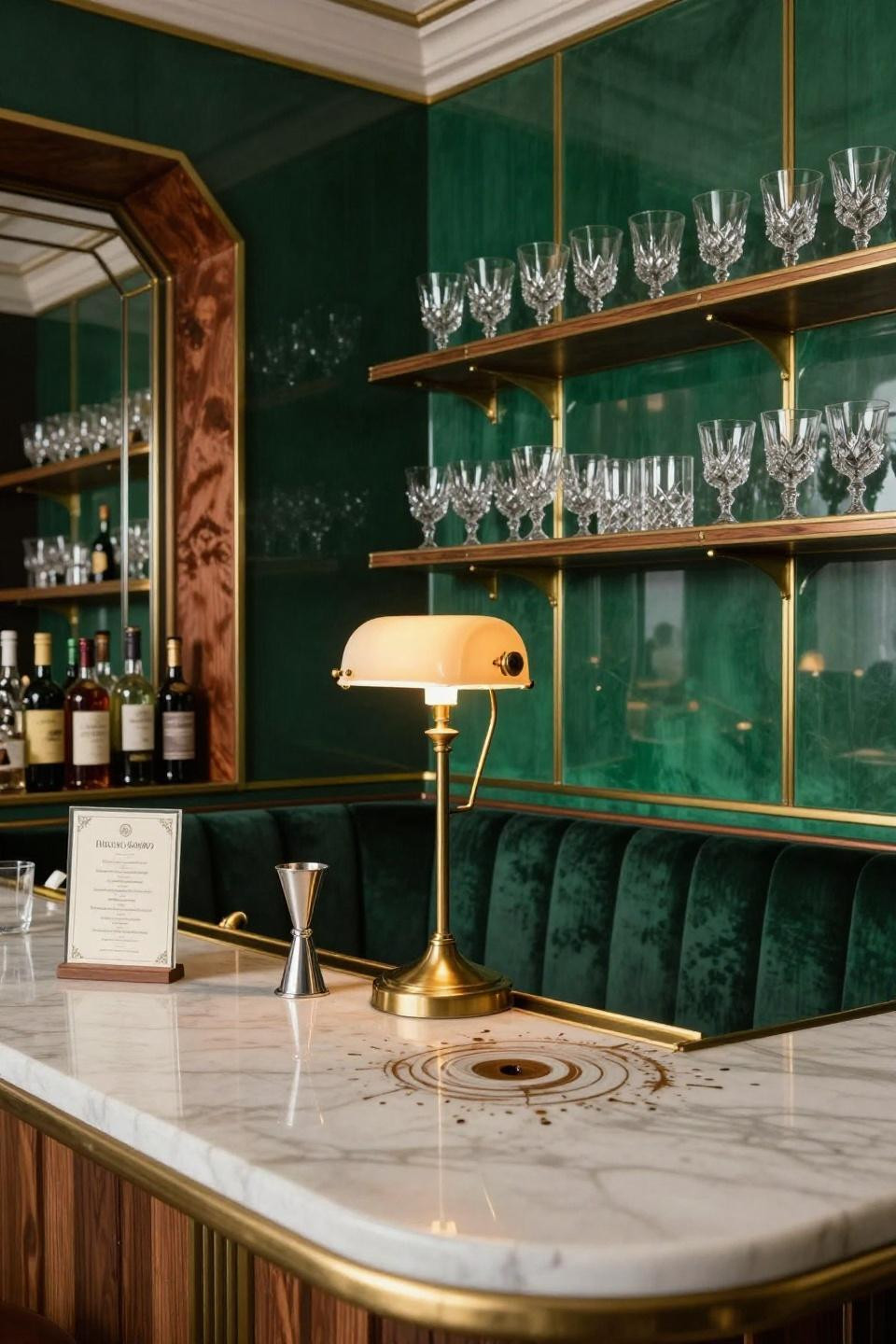 Modern Speakeasy - hexagonal brass-trimmed forest green panels