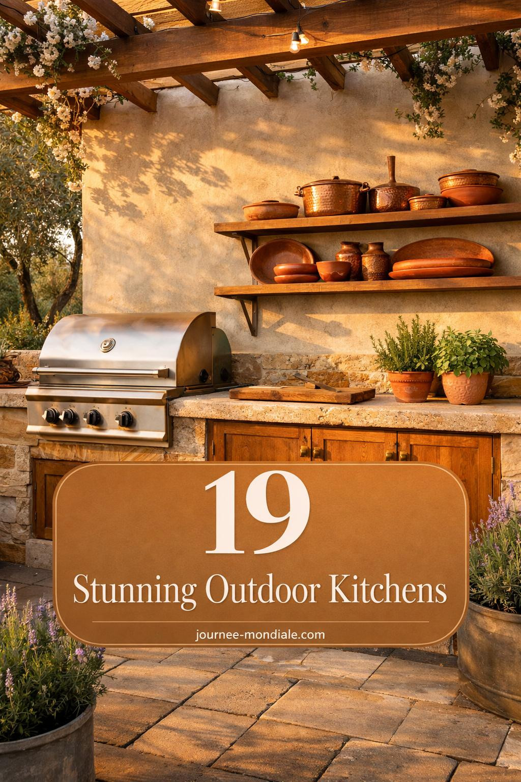 Rustic backyard outdoor kitchen featuring stone grill island, wooden pergola cover, cozy dining area with string lights and lush garden surroundings