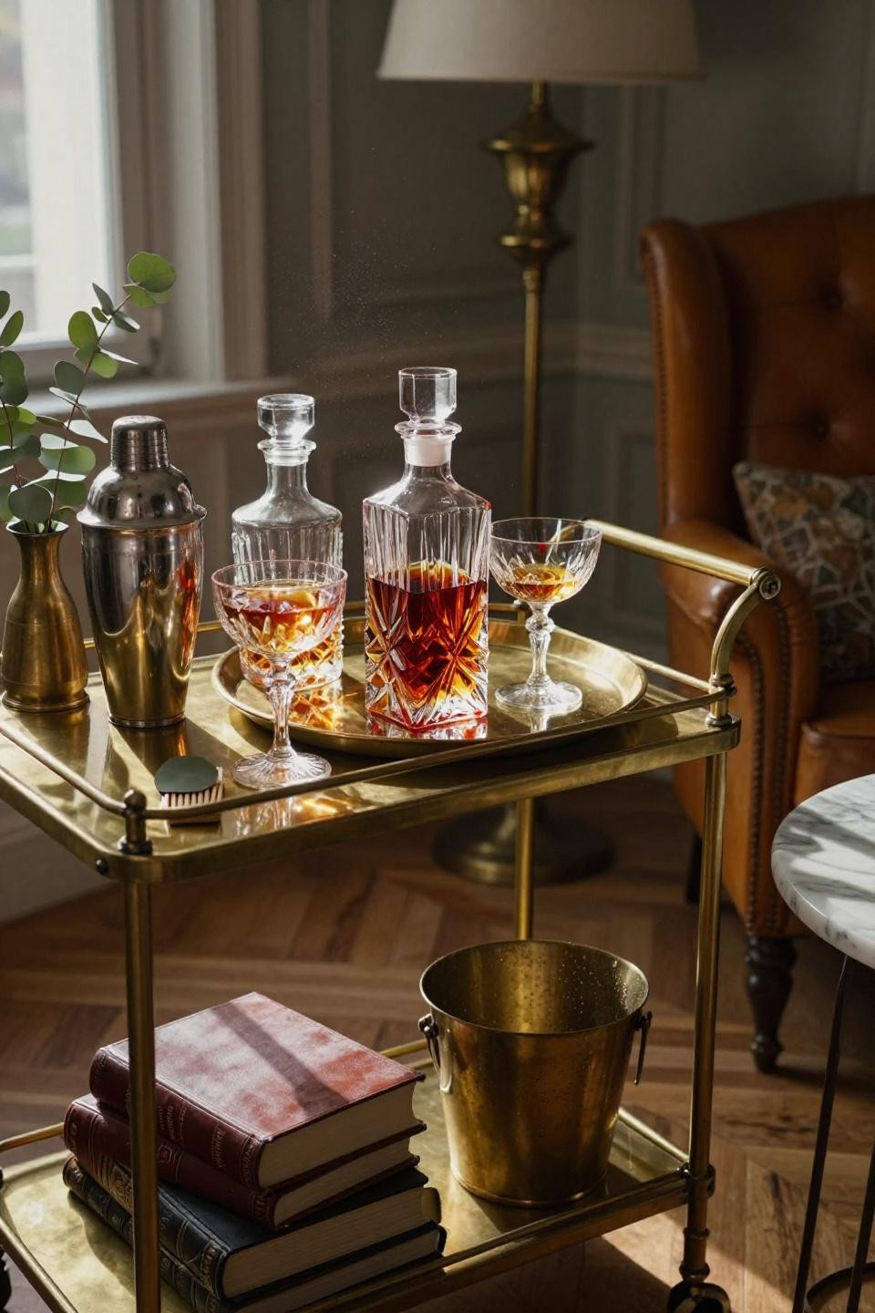 Bar Tray Styling - ornate Art Deco brass cart with crystal decanters and eucalyptus