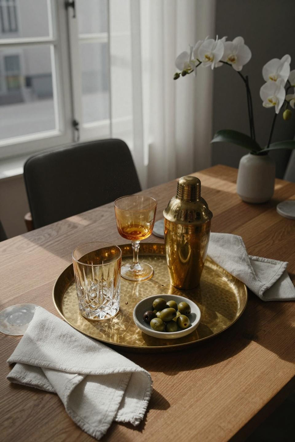 Dining Table Tray Decor - minimalist brass tray on bleached oak table