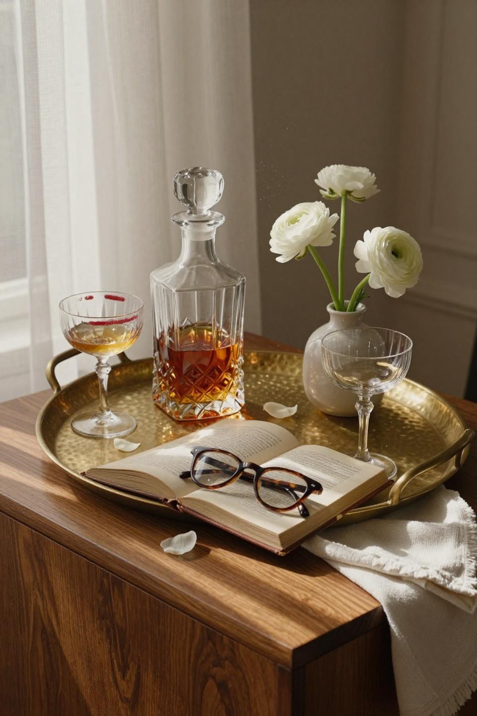 Bar Top Decor - hammered brass tray on walnut sideboard with whiskey decanter