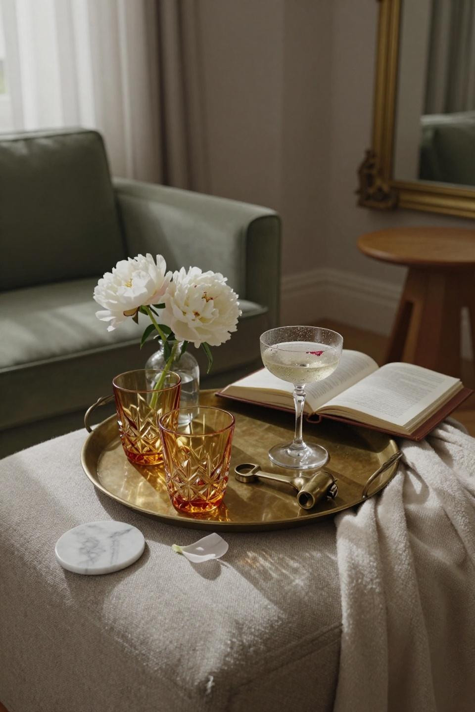 Tray Styling Living Room - brass tray with cocktail glasses on linen ottoman
