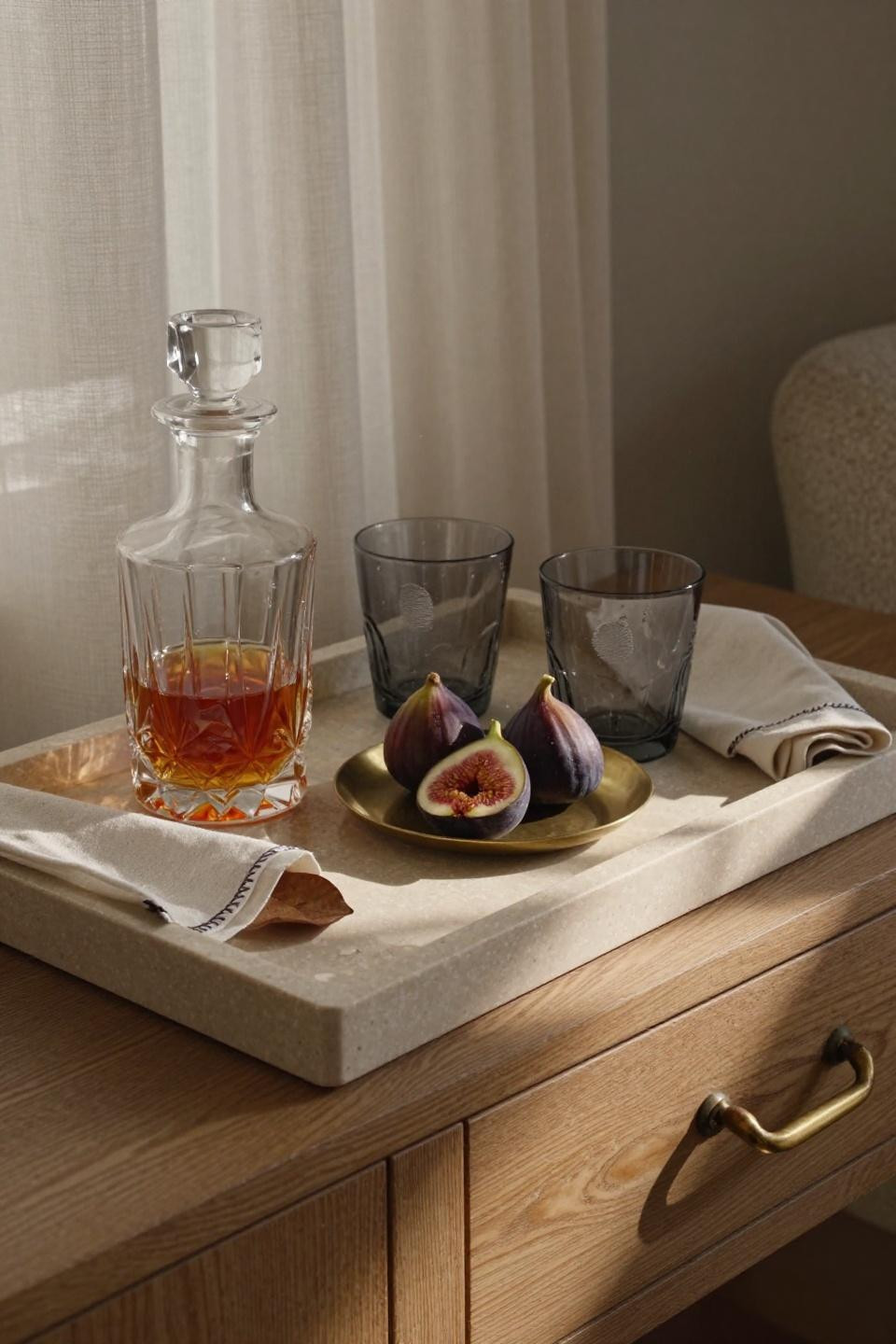 Bar Tray Styling - hand-carved travertone tray with Murano tumblers and fresh figs