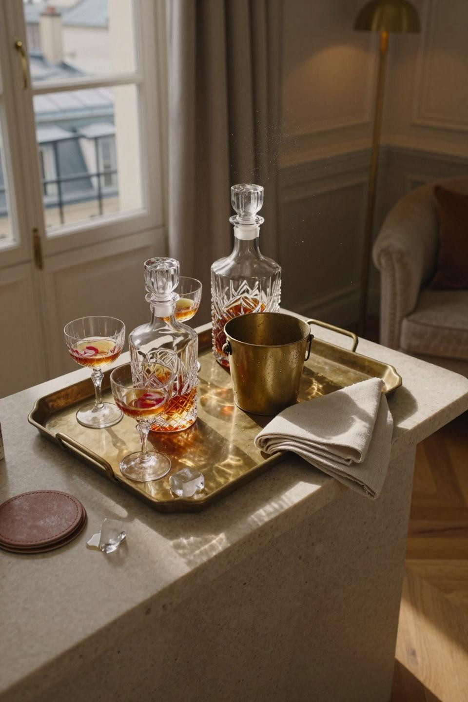 Bar Tray Styling - rectangular aged brass tray on travertine console