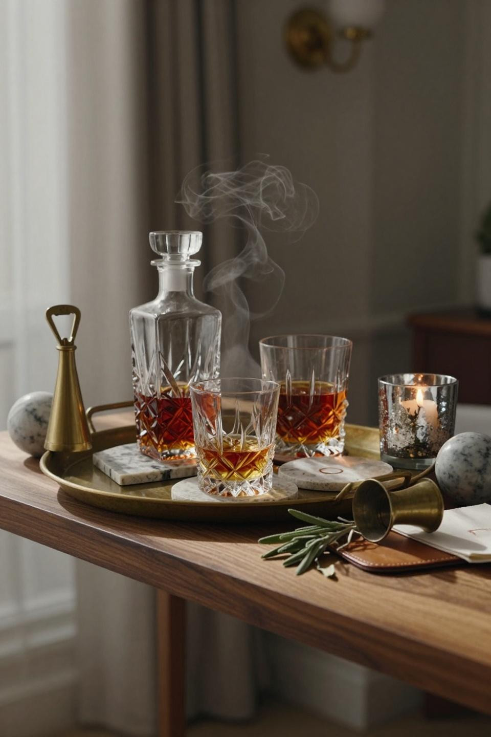 Bar Tray Styling - vintage brass tray on walnut floating shelf with crystal decanters