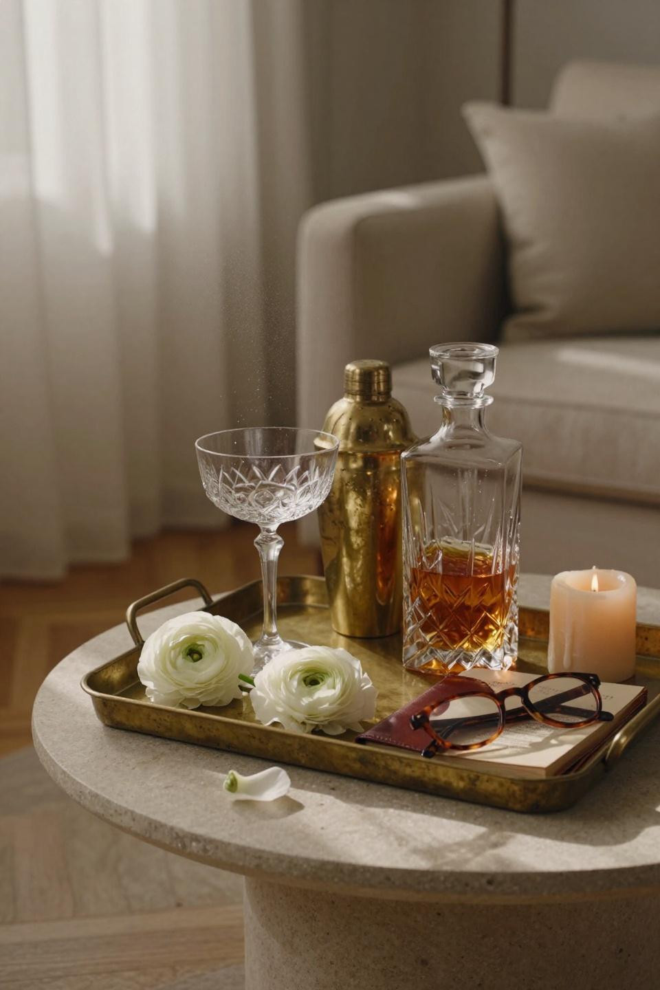 Bar Accessories Ideas - aged brass tray on travertine table with Baccarat glassware