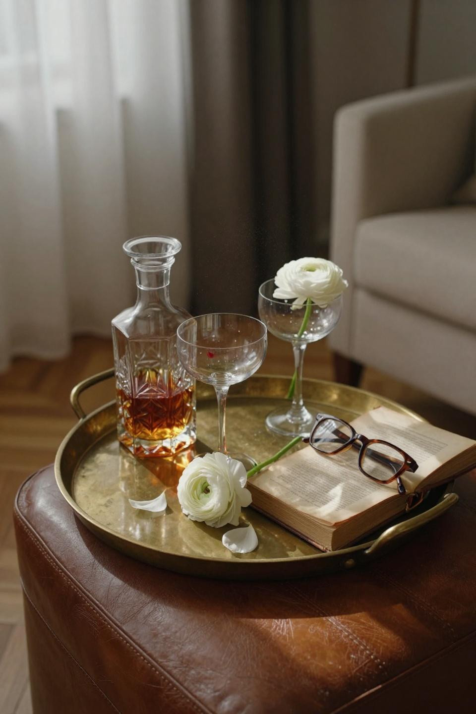 Bar Carts Ideas Decor - aged brass tray on cognac leather ottoman with ranunculus