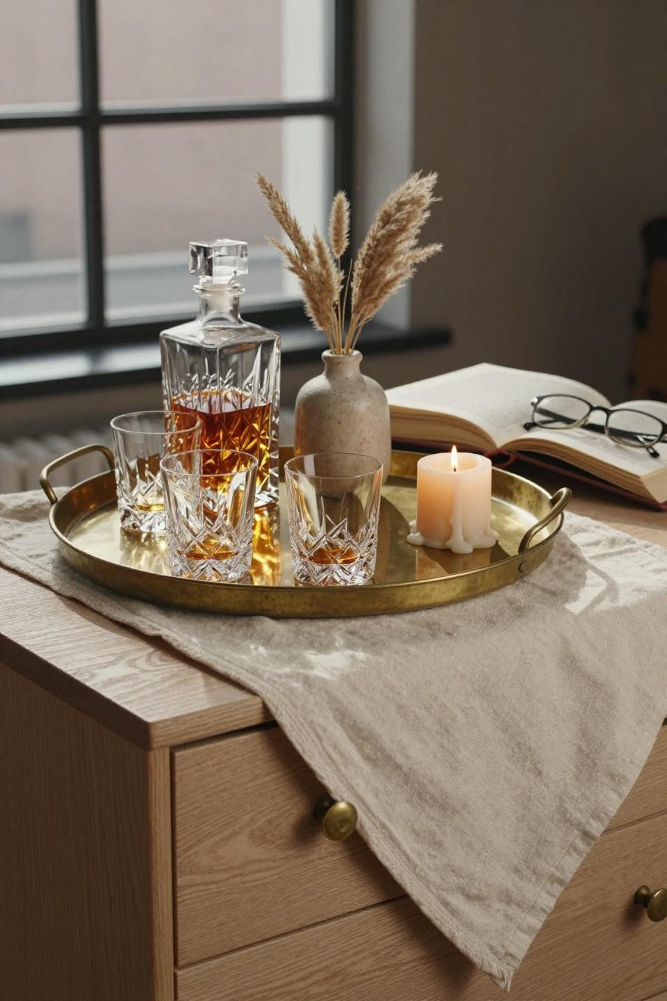 Bar Tray Styling - vintage brass tray on white oak credenza with Czech crystal and pampas grass