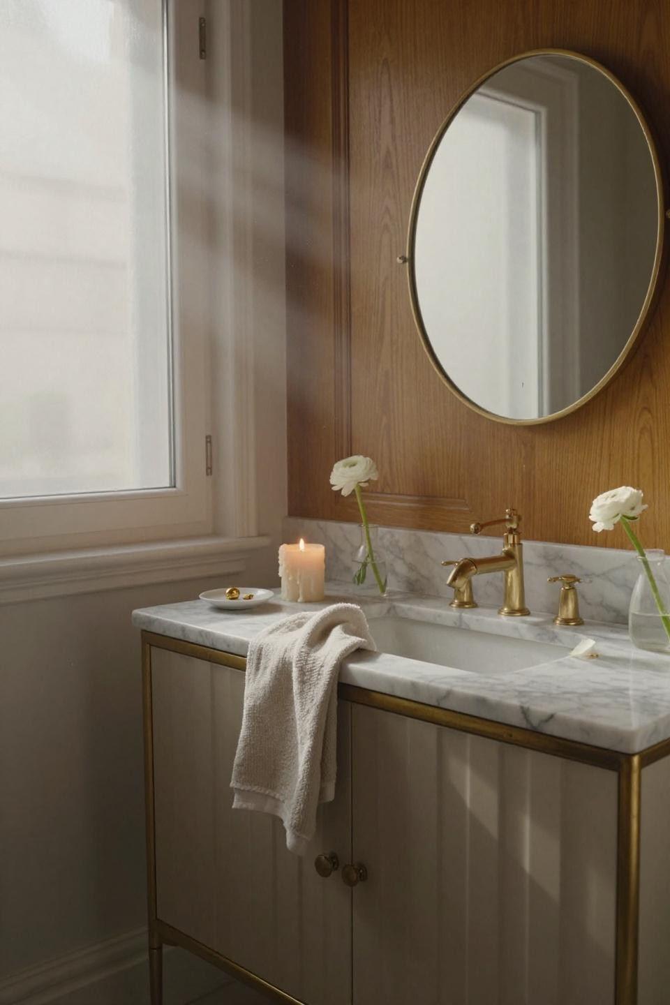 wainscoting bathroom - beige fluted cabinets with brass mirror