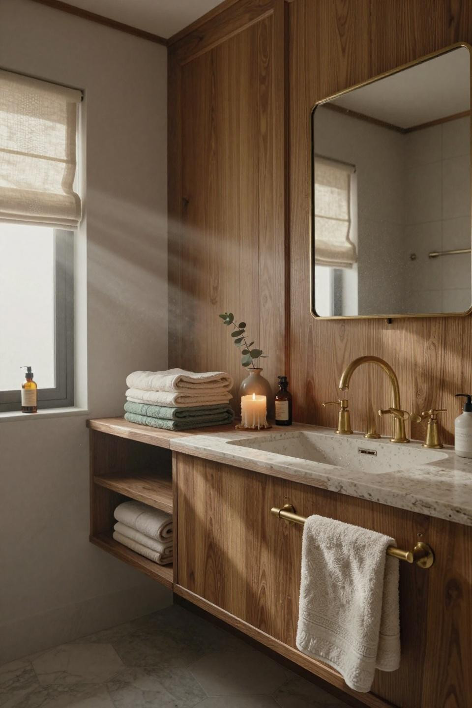 wainscoting bathroom - honey oak panels with brass hardware