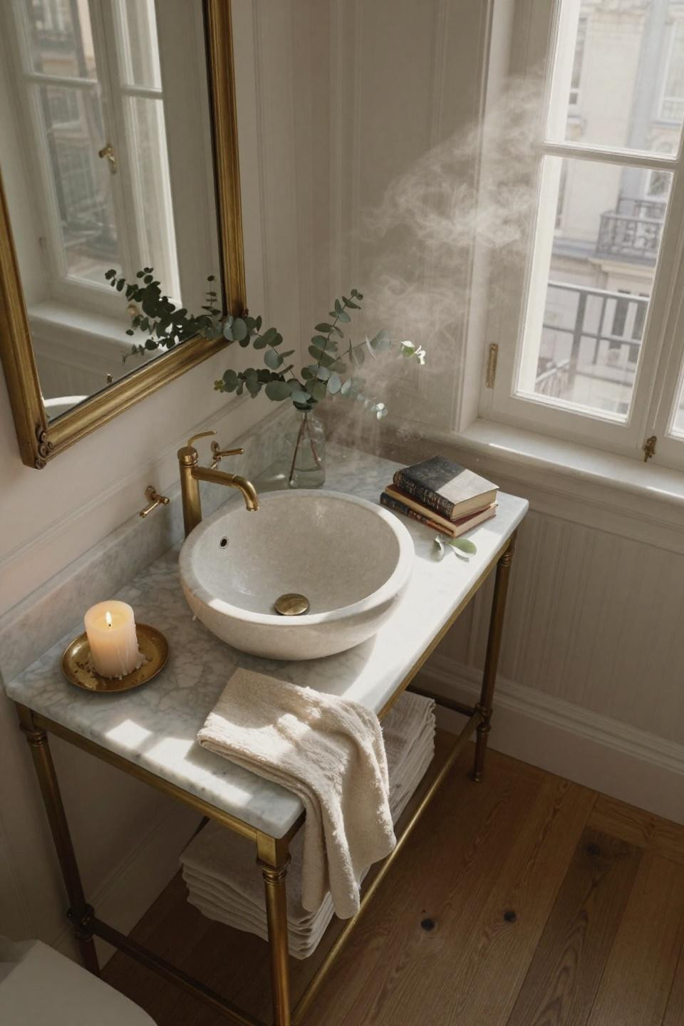ensuite bathroom ideas - unlacquered brass double vanity